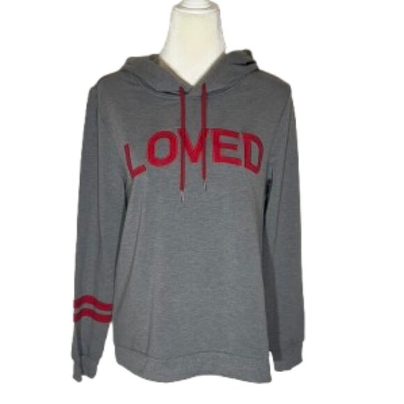NWT Pajamagram Women's Red and Gray "Loved" Hooded Sweatshirt Top Size Small - Picture 1 of 8